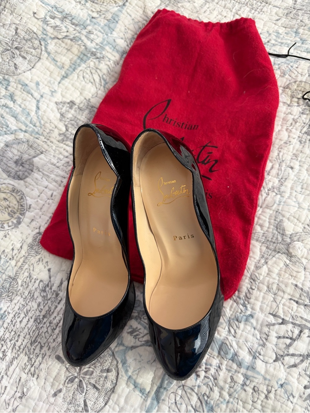 Christian Louboutin Black Patent Leather Scalloped Edge Pumps